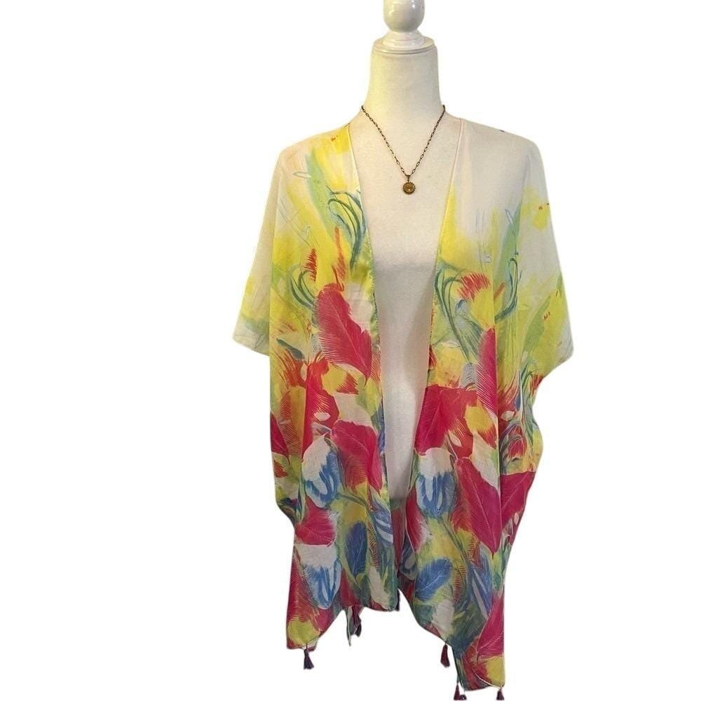 Vintage Y2K Floral Kimono Tassel Hem Cover Up Boho Beach Festival OS